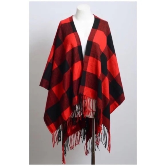 Red & Black Buffalo Plaid Poncho Sweater Wrap - Picture 5 of 5